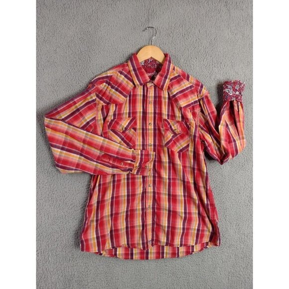 Wrangler 20X Western Pearl Snap Brush Popper Red Plaid Flip Cuff Shirt Sz Large - Picture 1 of 10